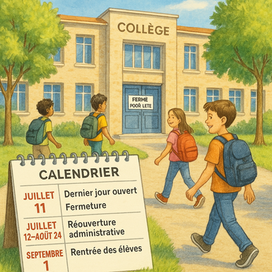 A realistic illustration of a French middle school (collège) during summer. The school building is c.jpeg